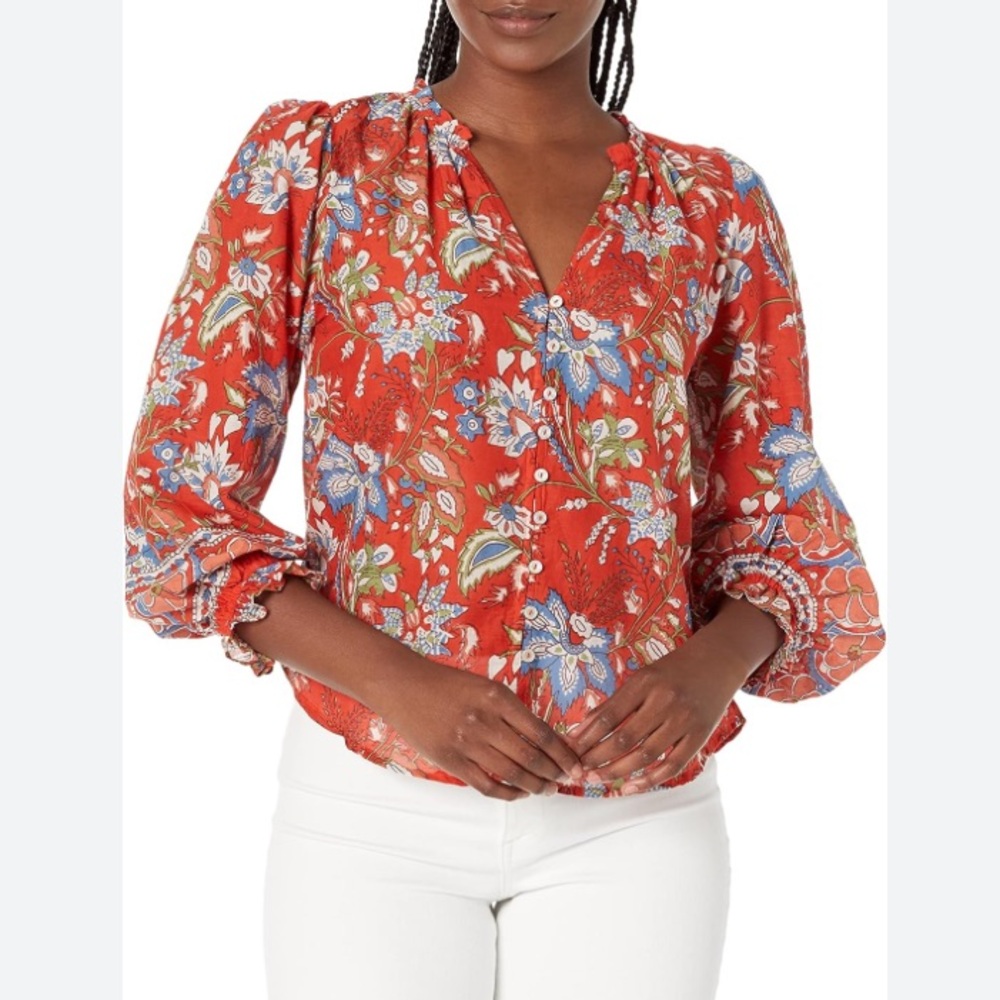 Velvet by Graham & Spencer | Red Floral Boho Cotton Blouse Size XS